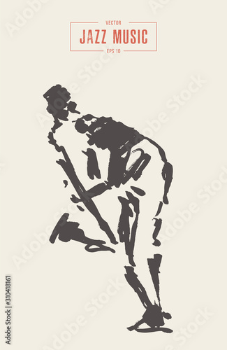 Photography Man playing saxophone hand drawn vector sketch