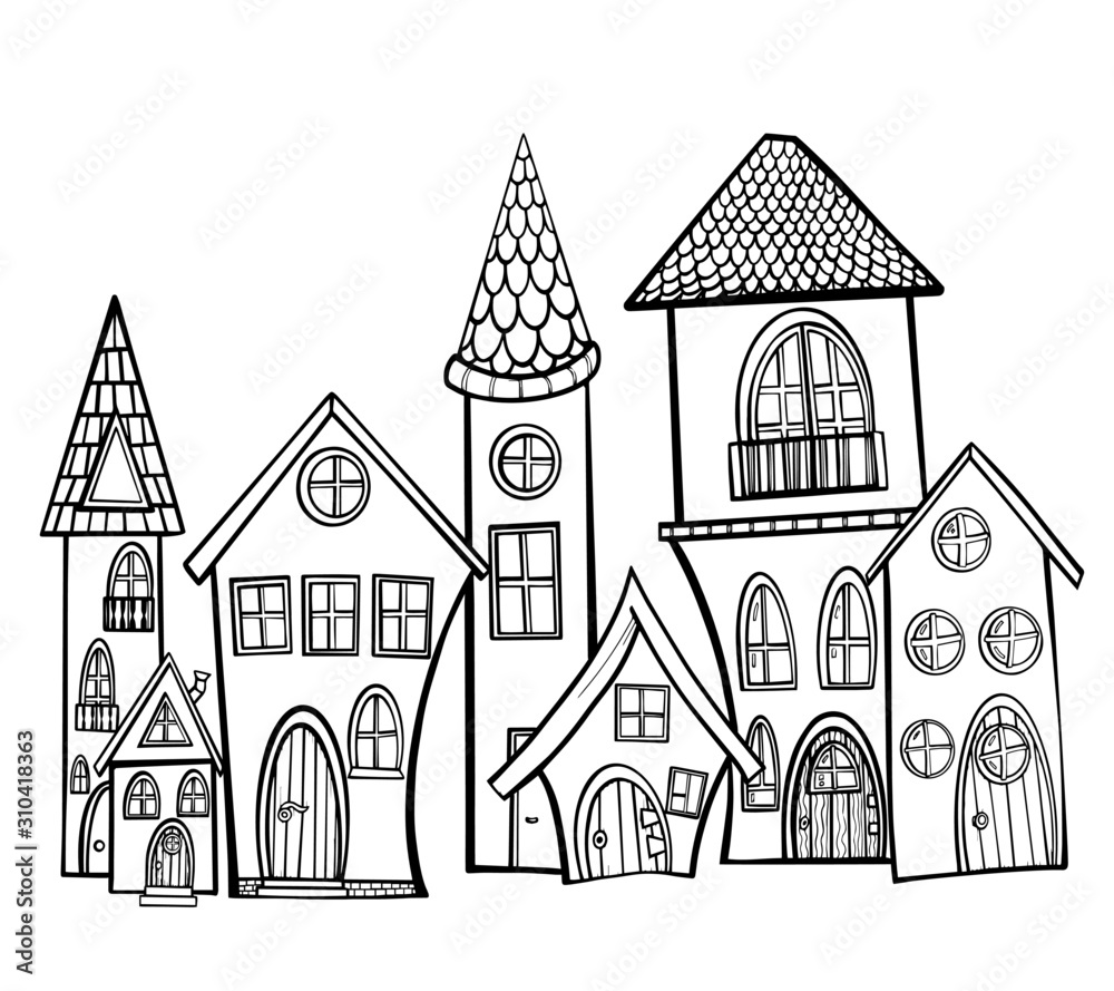 set of houses vector outline book coloring book castle architecture building illustration baby isolate