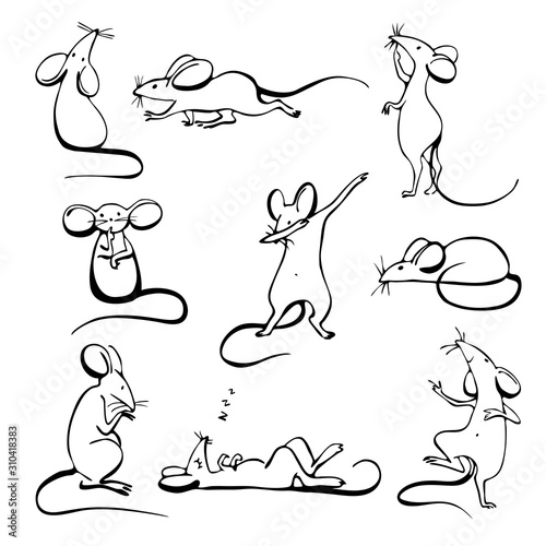 Set of black outline line sketched mouses