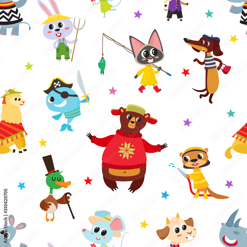 Seamless pattern with cartoon animals in costume isolated on white.