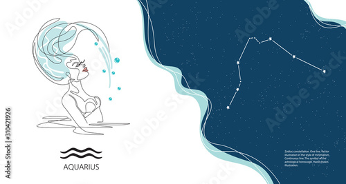 Zodiac background. Constellation Aquarius. Horizontal banner. One line.