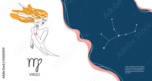 Zodiac background. Constellation virgo. Horizontal banner. One line