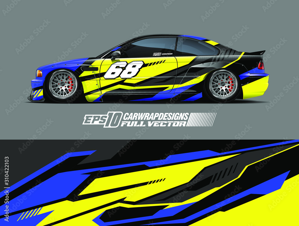 Racing car wrap design vector. Graphic abstract stripe racing background kit designs for wrap vehicle, race car, rally, adventure and livery. Full vector eps 10 Racing car wrap design vector. Graphic abstract stripe racing background kit designs for wrap vehicle, race car, rally, adventure and livery. Full vector eps 10