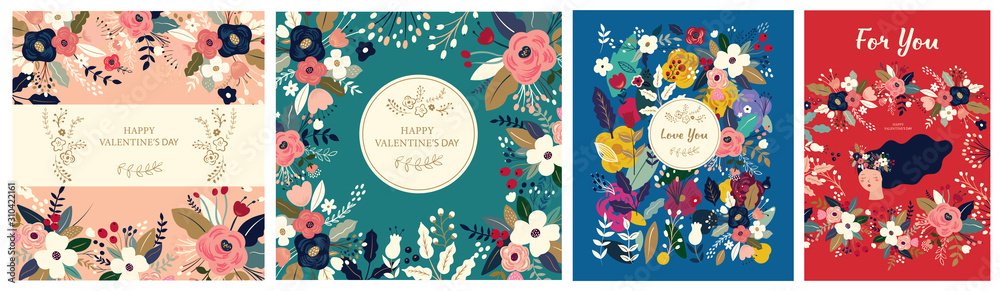 Floral collection of cards, invitations, posters. Valentines Day greetings. Set of Valentines day cards. Vector illustration of girl in love. Flyer, card, banner, brochure - obrazy, fototapety, plakaty 