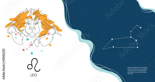 Zodiac background. Constellation Leo. Horizontal banner. One line.