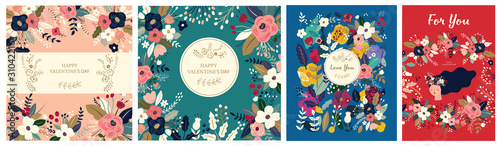 Floral collection of cards, invitations, posters. Valentines Day greetings. Set of Valentines day cards. Vector illustration of girl in love. Flyer, card, banner, brochure