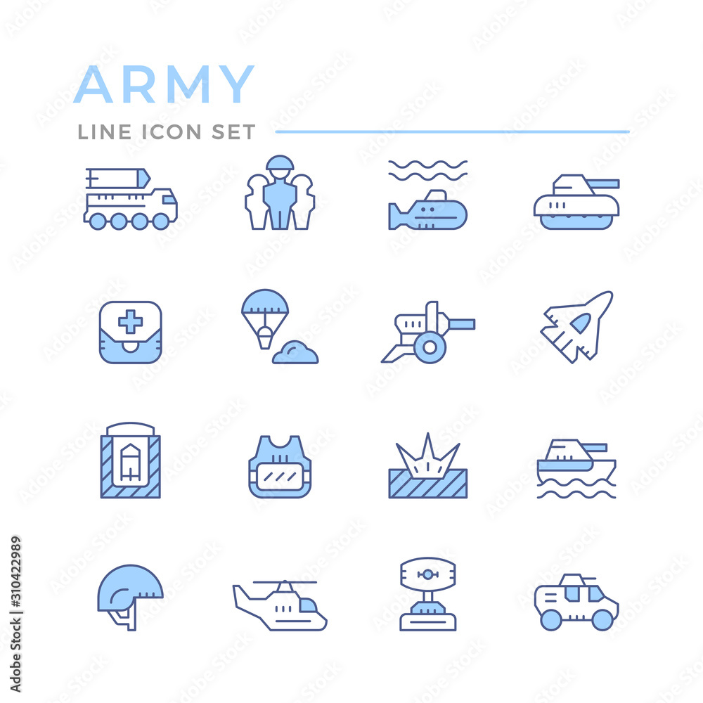 Naklejka premium Set color line icons of army