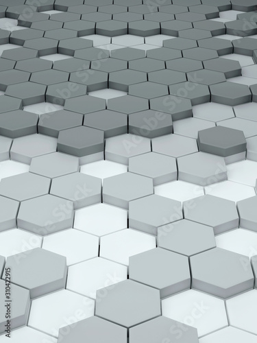 Abstract 3d hexagon background design with black, white and gray fields; honeycomb grid pattern perspective view 3d rendering, 3d illustration