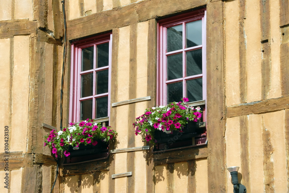 Ville de Domfront-en-poiraie, façade fleurie à colombages dans la vieille ville, département de l'Orne, france