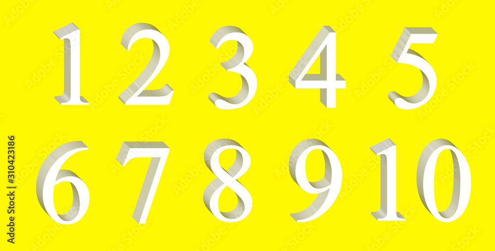Set of white volume numbers isolated on yellow background Set of white volume numbers isolated on yellow background