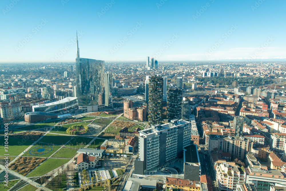 Naklejka premium Milan cityscape, panoramic view with new skyscrapers in Porta Nuova district. Italian landscape.