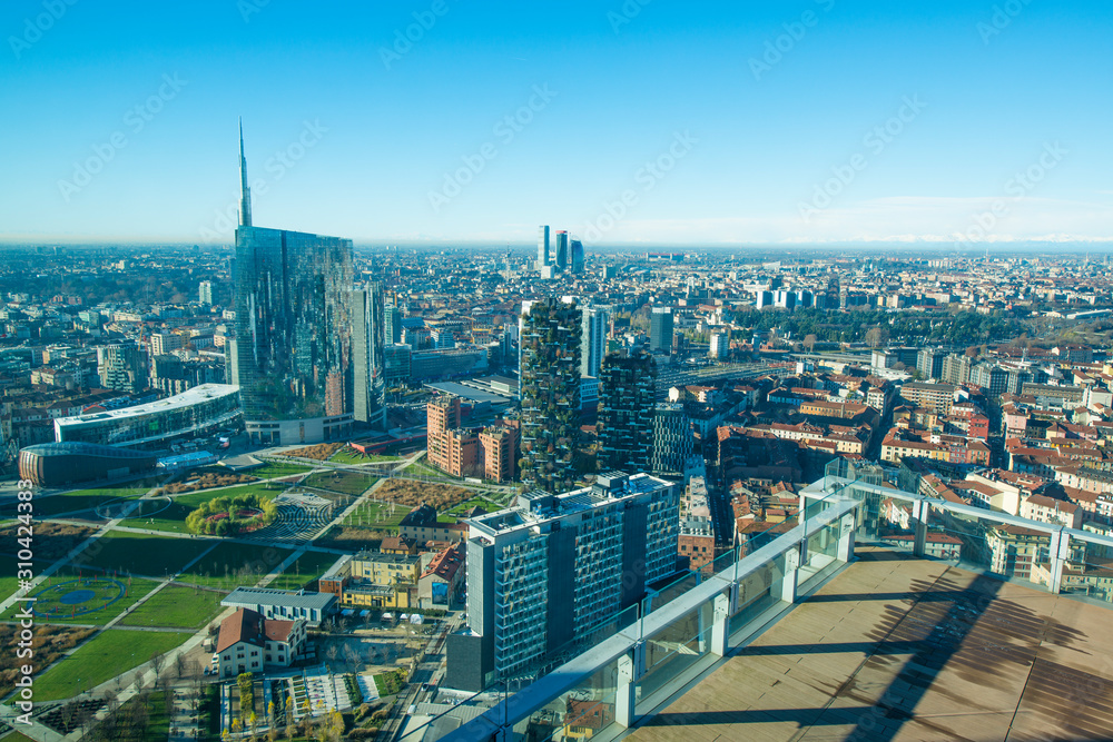 Milan cityscape, panoramic view with new skyscrapers in Porta Nuova district. Italian landscape.