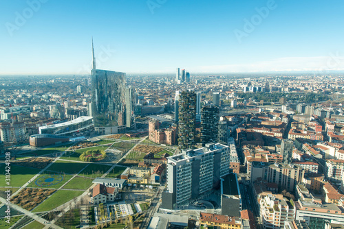 Milan cityscape, panoramic view with new skyscrapers in Porta Nuova district. Italian landscape. photo