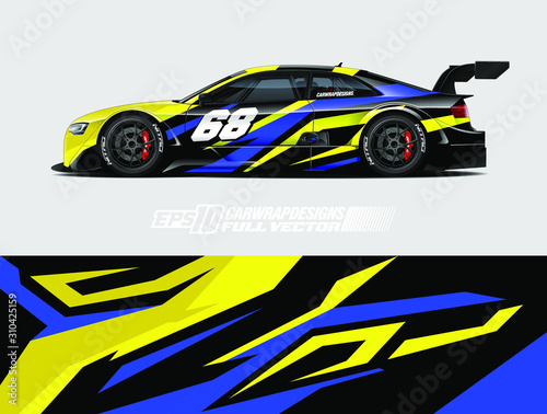 Racing car wrap design vector. Graphic abstract stripe racing background kit designs for wrap vehicle, race car, rally, adventure and livery. Full vector eps 10