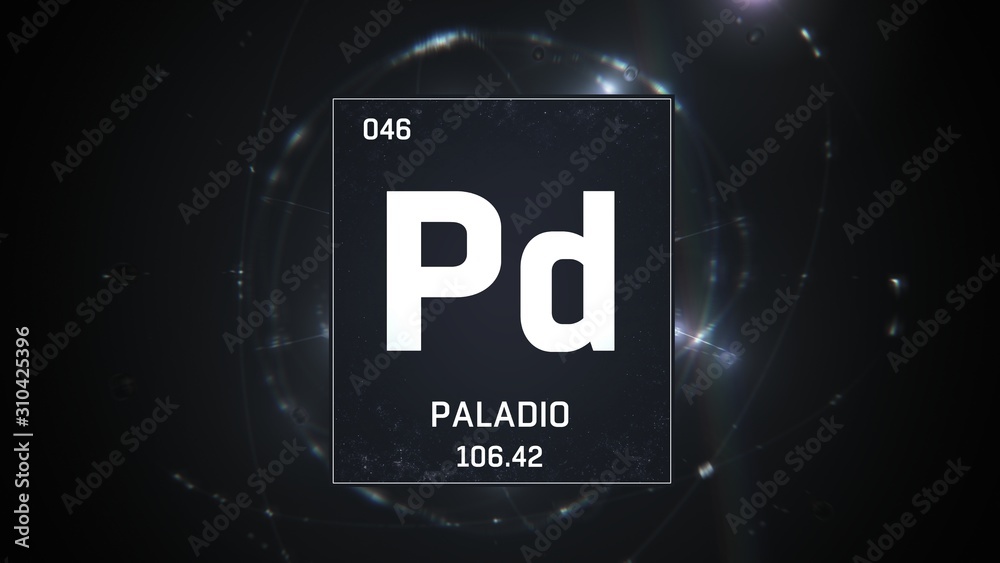 3D illustration of Palladium as Element 46 of the Periodic Table. Silver illuminated atom design background with orbiting electrons. Name, atomic weight, element number in Spanish language 3D illustration of Palladium as Element 46 of the Periodic Table. Silver illuminated atom design background with orbiting electrons. Name, atomic weight, element number in Spanish language