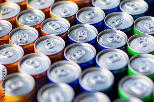 Closeup of a group of aluminium cans.top view
