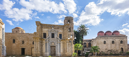 Baroque facade of Co-Cathedral St. Mary of the Admiral (Concattedrale Santa Maria dell’Ammiraglio, around 1140) located in heart of historic centre at Piazza Bellini. Palermo, Sicily, Italy.