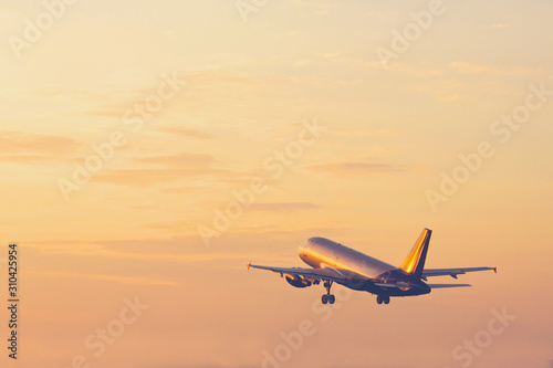 Airplane taking off and rising high in sunset sky © dariazu