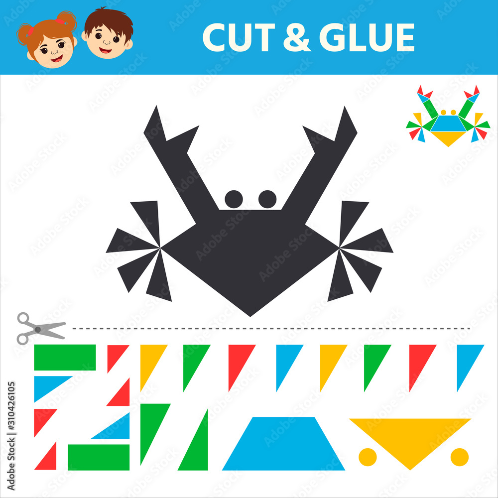 Education logic game for preschool kids. Find a match between a marine animal and geometric shapes. Preschool worksheet activity. Children funny riddle entertainment. Vector illustration