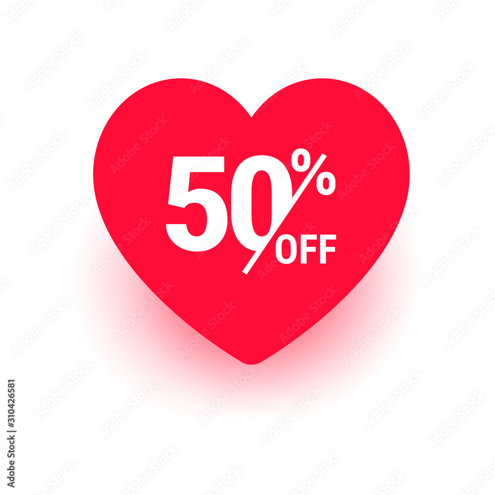 50 percent off sale label, love sticker. Heart icon. Vector illustration isolated on white. Happy Women`s Day 8 march. Valentines day sign