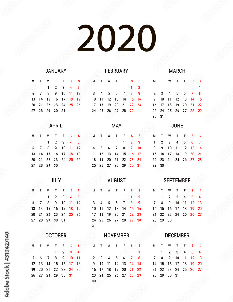 Calendar layout 2020 year. Week starts from Monday. Simple black and red numbers minimalist design. Vector illustrations Calendar layout 2020 year. Week starts from Monday. Simple black and red numbers minimalist design. Vector illustrations