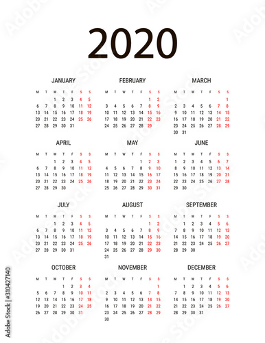 Calendar layout 2020 year. Week starts from Monday. Simple black and red numbers minimalist design. Vector illustrations