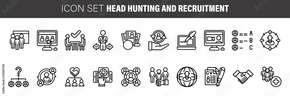 Human Resources line icons. Set of Business Networking, Job Interview and Head Hunting signs. CV, Teamwork and Portfolio symbols. Human Resources line icons. Set of Business Networking, Job Interview and Head Hunting signs. CV, Teamwork and Portfolio symbols.