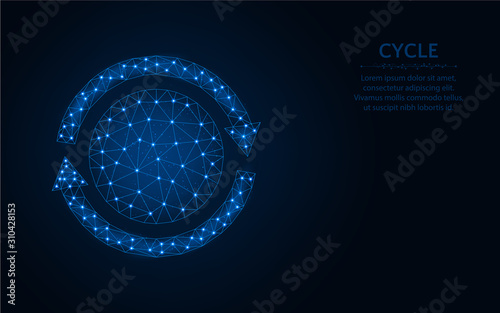 Cycle low poly design, rotation wireframe mesh polygonal vector illustration made from points and lines on dark blue background
