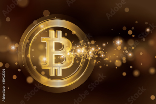 Bitcoin background with gold star dust texture. Golden Bitcoin token with glow in space vector illustration.