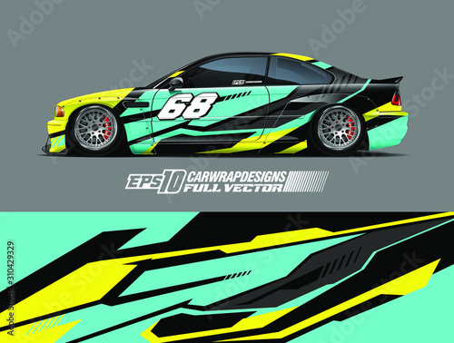 Racing car wrap design vector. Graphic abstract stripe racing background kit designs for wrap vehicle, race car, rally, adventure and livery. Full vector eps 10