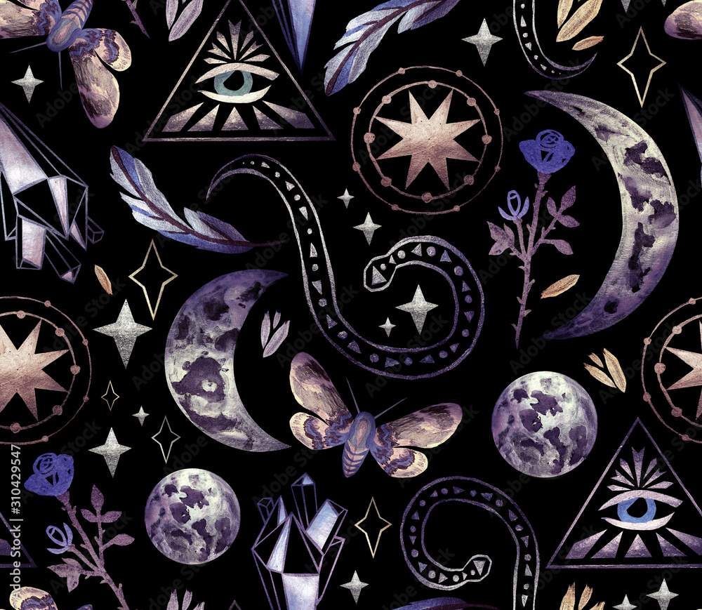  Magical and mystical characters. Stock illustration with moon phases, rose, stars, feather and night butterfly. Seamless patterns