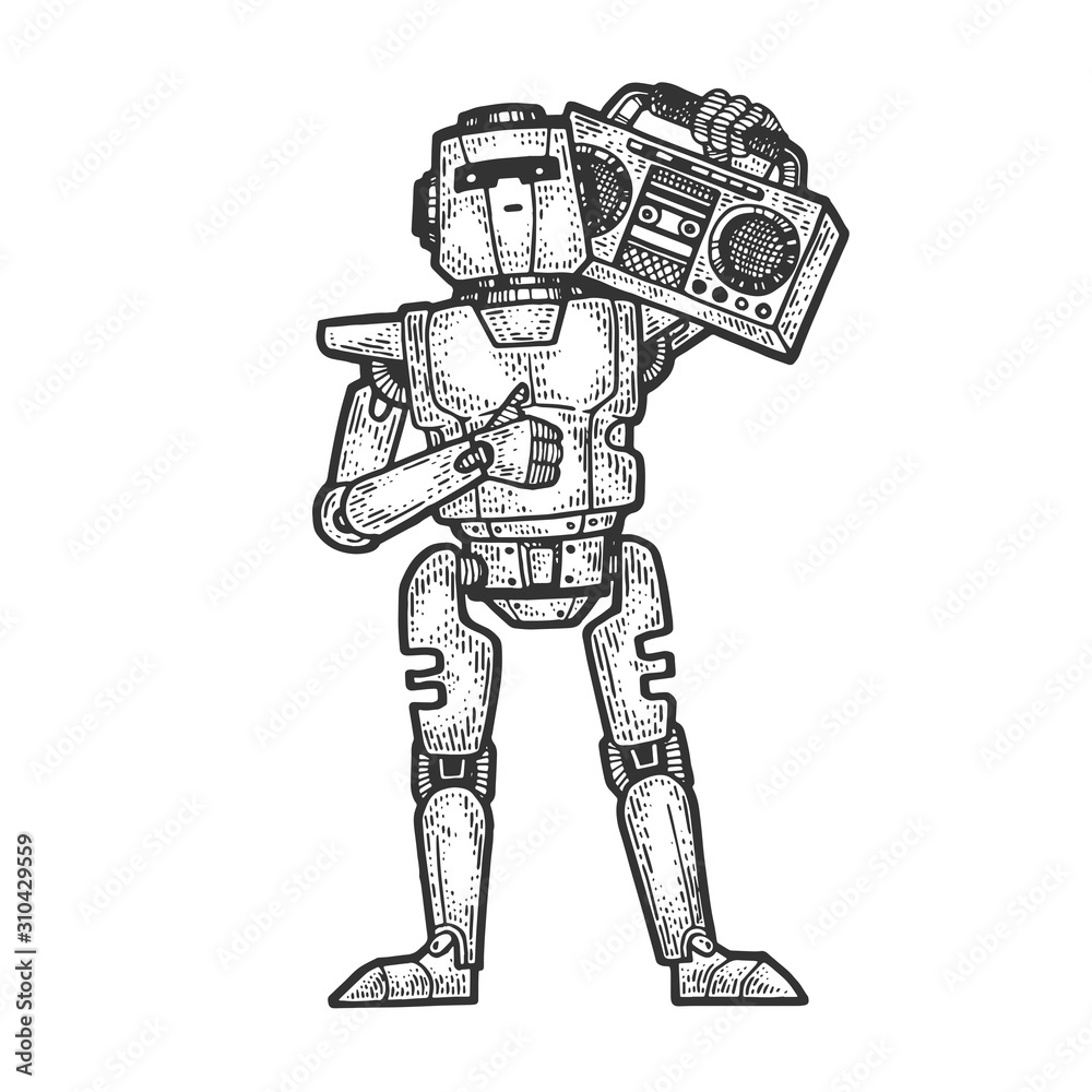 Robot with boombox music player sketch engraving vector illustration. T-shirt apparel print design. Scratch board style imitation. Black and white hand drawn image. Robot with boombox music player sketch engraving vector illustration. T-shirt apparel print design. Scratch board style imitation. Black and white hand drawn image.