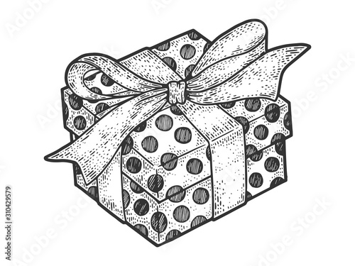 Gift box with ribbons and bow for christmas or birthday sketch engraving vector illustration. T-shirt apparel print design. Scratch board imitation. Black and white hand drawn image.