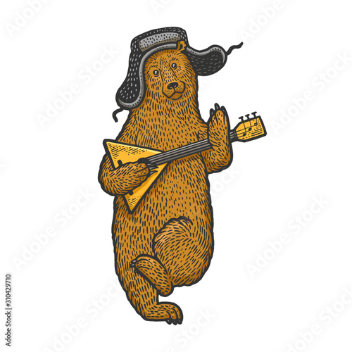 Bear with russian symbols hat with earflaps ushanka and balalaika sketch engraving vector illustration. T-shirt apparel print design. Scratch board style imitation. Hand drawn image.