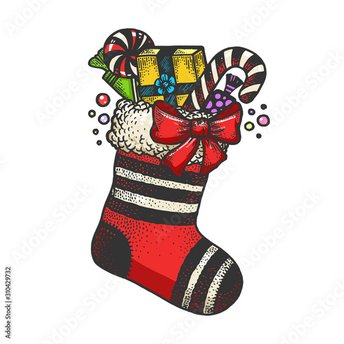 Christmas boot with gifts sketch engraving vector illustration. T-shirt apparel print design. Scratch board style imitation. Black and white hand drawn image.