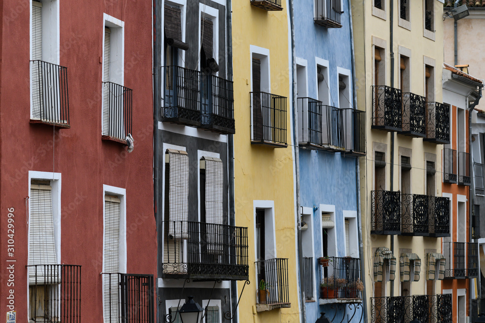 Windows and balconies of apartments, Cuenca, Cuenca Province, Castilla La Mancha, Spain