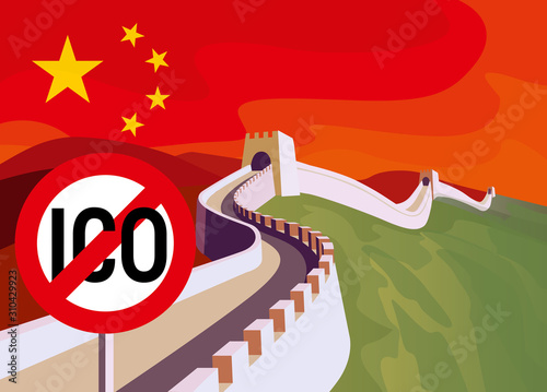 ICO decline. ICO ban in China. Illegal ICO Initial Coin Offering illustration.The great Wall of China with chinese flag in the sky and prohibition sign. China banned trade ICO token.