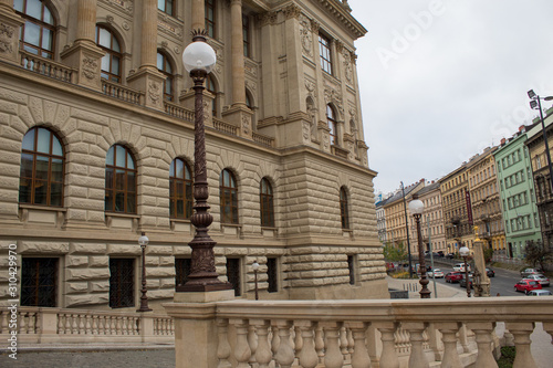 The neo-Renaissance building of the National Museum with an expressive dome, built on the site of the former Horse Gate in Prague on the eve of Christmas. photo