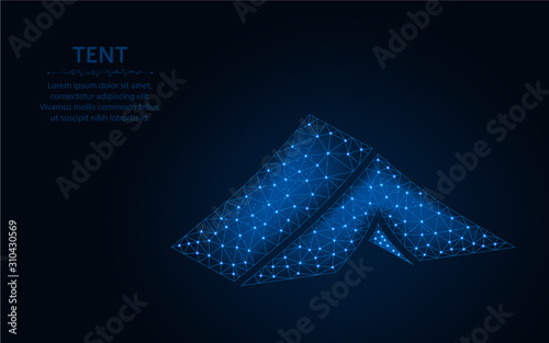 Tent low poly design, Camping wireframe mesh polygonal vector illustration made from points and lines on dark blue background