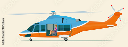 Helicopter with an open passenger door and businesswoman inside. Vector illustration.