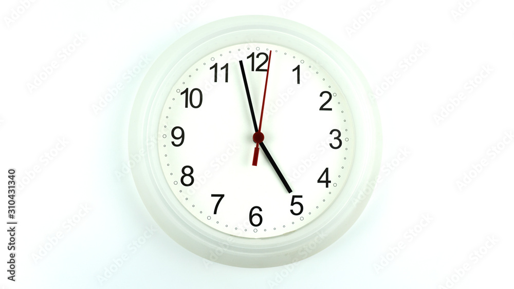 Close up White cock face beginning of time 04.58 am or pm. on White background, Time concept... Close up White cock face beginning of time 04.58 am or pm. on White background, Time concept...