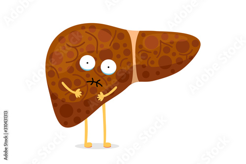 Sick unhealthy cartoon liver character suffers from jaundice or hepatitis and suffering pain. Human exocrine gland organ destruction concept. Vector hepatic mascot illustration