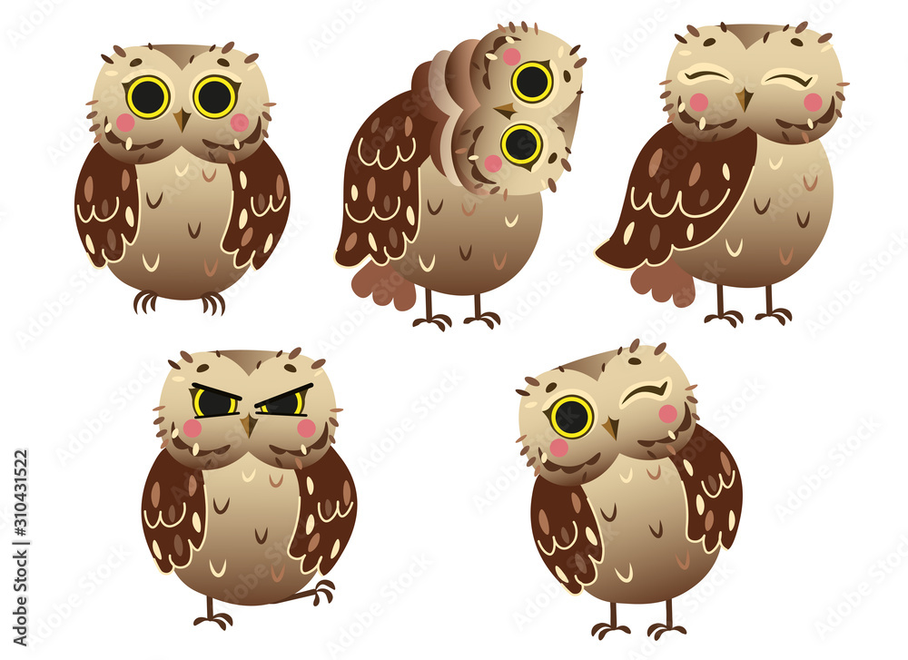 Fototapeta premium Cute cartoon owl vector set. Owl in different postures. Forest animals for kids. Isolated on white background