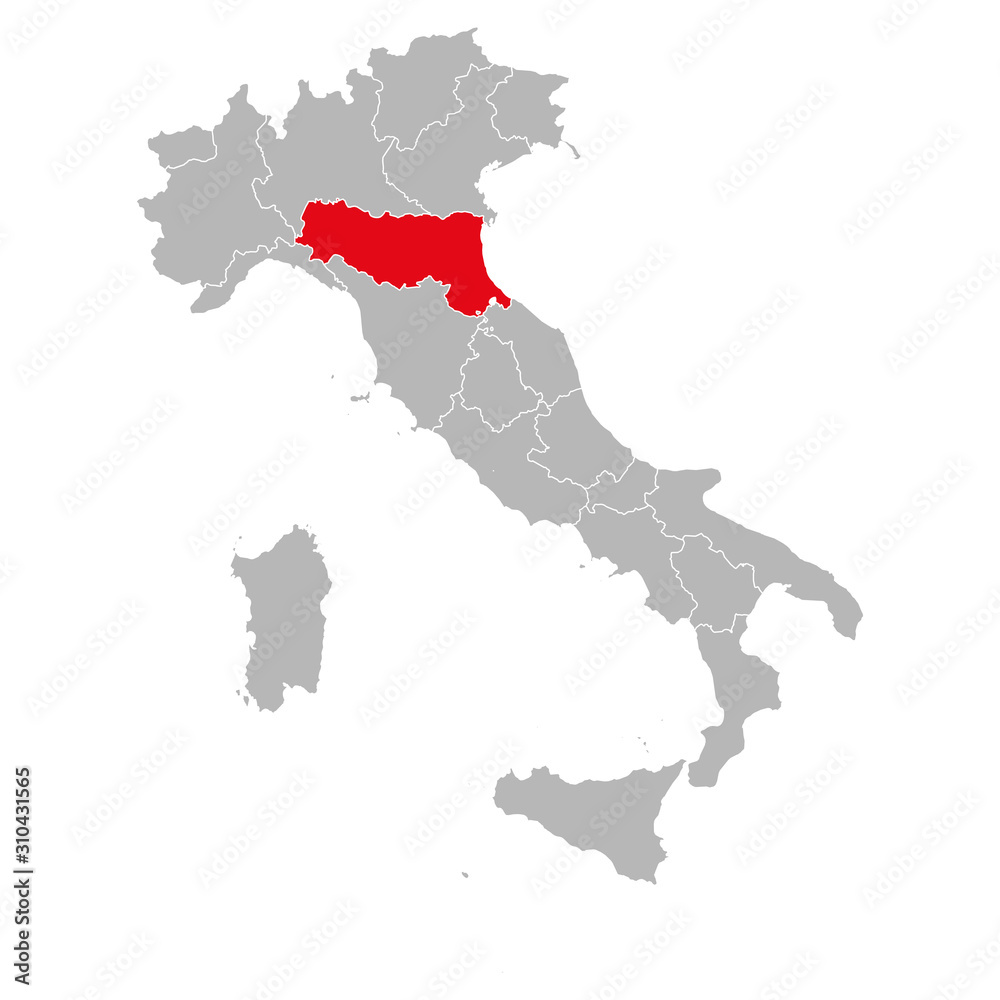 Emilia romagna marked red on italy map. Gray background. Italian political map.