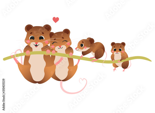 Cute cartoon vole family vector image. Male and female voles with their little voles. Forest animals for kids. Isolated on white background