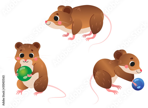 Cute cartoon vole vector set. Vole in different postures. Forest animals for kids. Isolated on white background