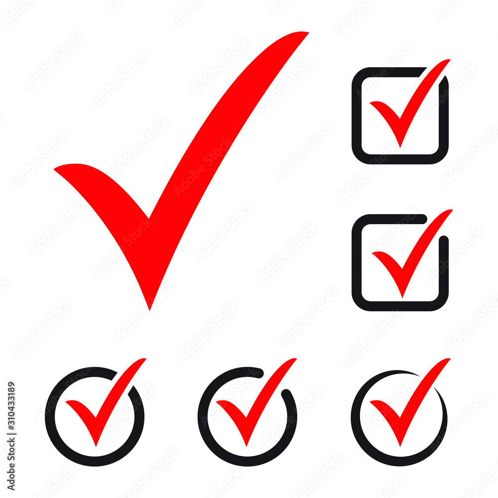 Red tick icon vector symbol, checkmark isolated on white background, checked icon or correct choice sign, check mark or checkbox pictogram