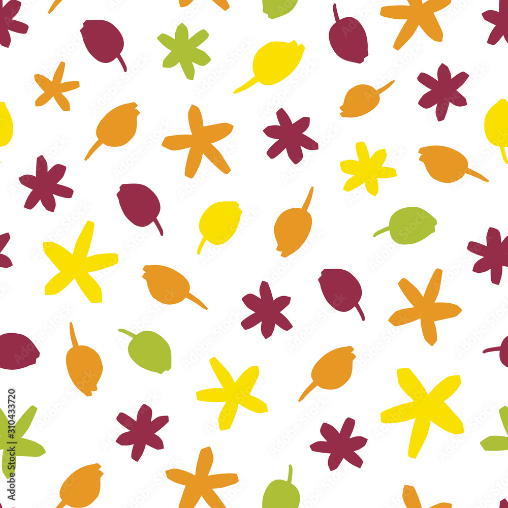 Color silhouette flowers seamless pattern on white background. For t-shirts, fabrics, wrapping paper, printing, web. Vector illustration