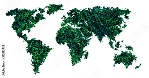 World map from the green grass. Ecological trends. Environment protection of plants and trees. Isolated on white background. Green Earth concept.