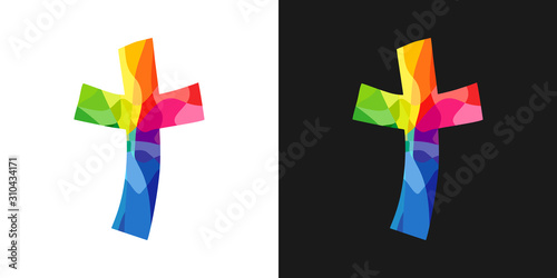 Cross logo. Christian church vector logotype. Stained glass crucifixion. Religious symbol, greeting card concept. Abstract isolated graphic design template. Creative idea, white and black background.